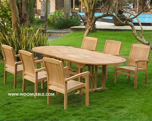 Premium Teak Garden Furniture Set Oval Extendable Table And Stacking Chairs